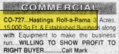 Hastings Roll-A-Rama - Oct 09 1997 For Sale